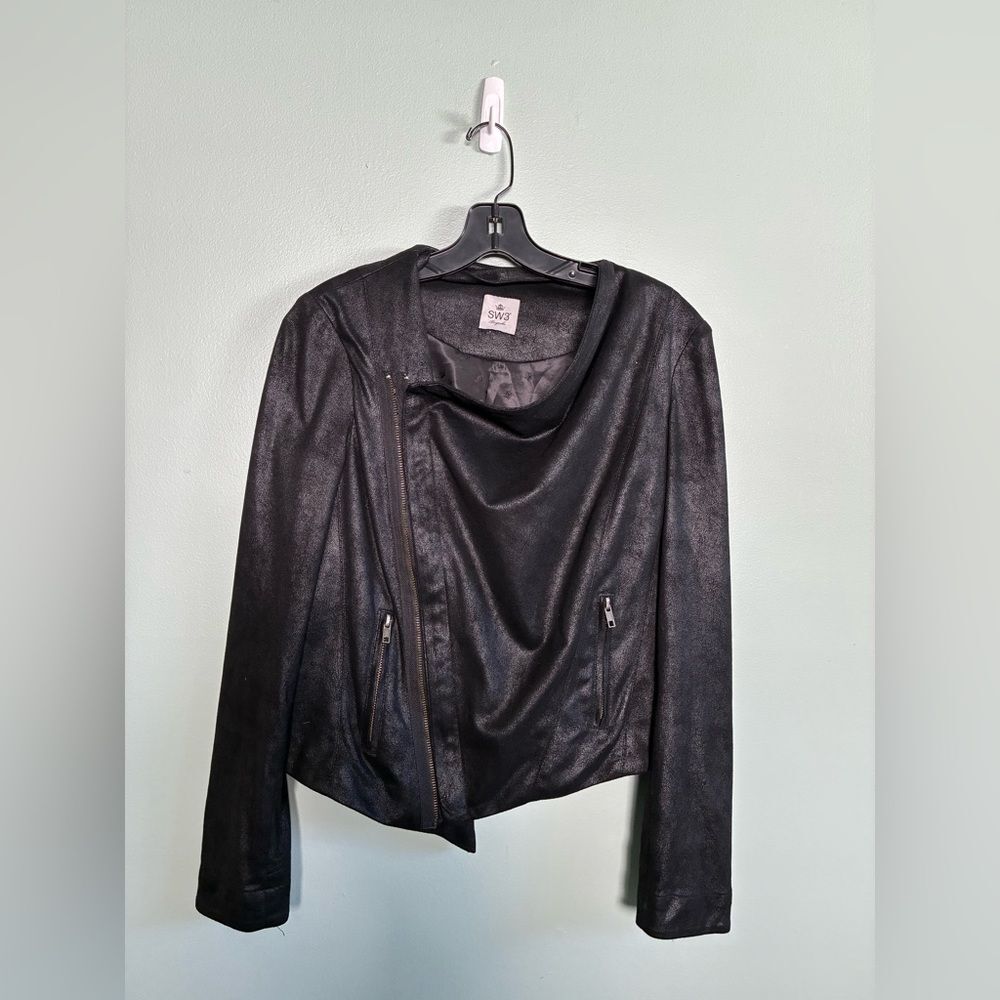 SW3 Bespoke Black Faux Leather Punk Rock Asymmetrical Casual Party Jacket Sz M